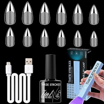 GV389 THR3E STROKES Gel Nail Kit Easy Nail Extension Set With 100Pcs Shaped Tips 6 in 1 Nail Glue Base Gel and Innovative Led Lamp Easy Funny Diy Nail Tips Art Decoration at Home Gift for Women (GEL X KIT (N20))