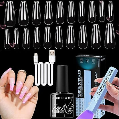 GV392 THR3E STROKES Gel Extension Kit for UV Nail Art - Builder Gel Set (GEL X HALF MATTE KIT Long Coffin a116)