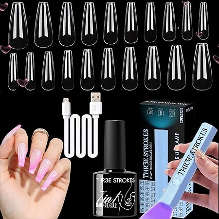 GV392 THR3E STROKES Gel Extension Kit for UV Nail Art - Builder Gel Set (GEL X HALF MATTE KIT Long Coffin a116)