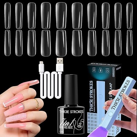 GV393 THR3E STROKES Nail Gel Extension Kit for Builder Gel UV Nail Art Kit Nail Extension Set Easy Funny Diy Nail Tips Art Decoration at Home Gift for Women (Long Square a120)