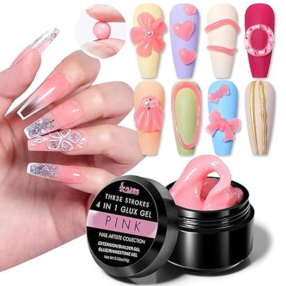 GV394 THR3E STROKES Solid Builder Nail Extension & Sculpture Gel, 15ML for Acrylic Nails, Rhinestones & 3D Molds - Pink (UV/LED LAMP REQUIRED)