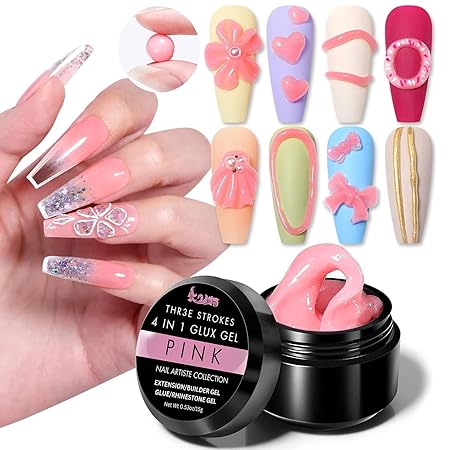 GV394 THR3E STROKES Solid Builder Nail Extension & Sculpture Gel, 15ML for Acrylic Nails, Rhinestones & 3D Molds - Pink (UV/LED LAMP REQUIRED)