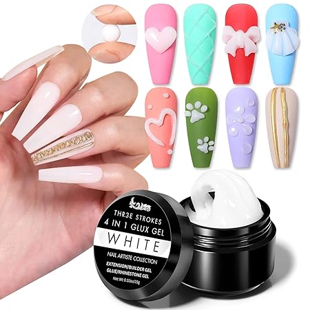 GV396 THR3E STROKES Solid Builder Nail ,15ML 4 in 1 Nail Extension UV Nail Glue for Acrylic Nails Rhinestones Gel 3D Nail Sculpture Gel 3D Molding Hard Gel for Nails UV/LED Nail Lamp Required (WHITE) (UV/LED LAMP REQUIRED)