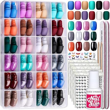 GV397 THR3E STROKES 24Pack Short Press On Nails, 576Pcs Short Round Press On Nails, Short Matte Press On Nails, Short Glossy Press On Nails, Short Fake Nails With Nail Glue(S6554)