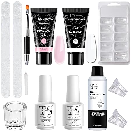 GV404 THR3E STROKES Poly Nail Gel Extension Kit for Builder Gel Nail Art Kit Nail Extension Set (Set of 12) (PINK WHITE)