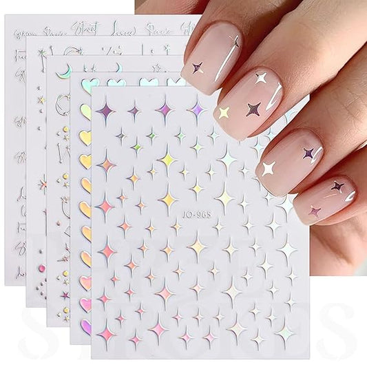 GV410 THR3E STROKES 12 Sheets Aurora Nail Art Stickers Decals Self-Adhesive Pegatinas Uñas Glitter Holographic Star Heart Nail Supplies Nail Art Design Decoration Accessories (D22)