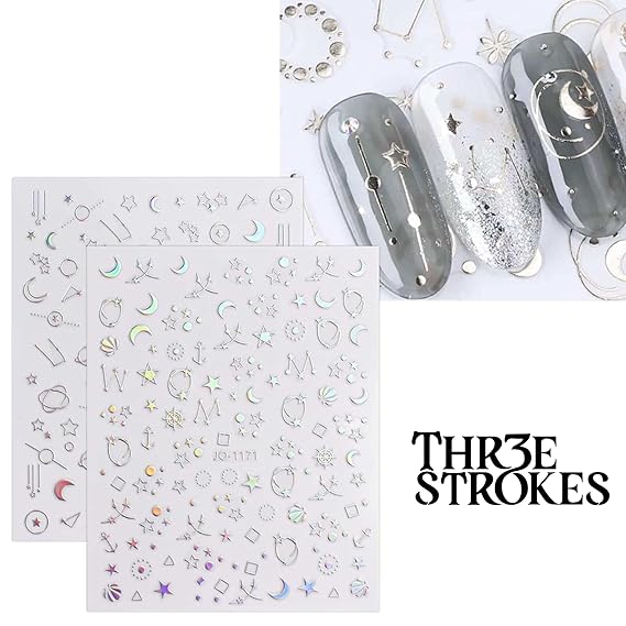 GV410 THR3E STROKES 12 Sheets Aurora Nail Art Stickers Decals Self-Adhesive Pegatinas Uñas Glitter Holographic Star Heart Nail Supplies Nail Art Design Decoration Accessories (D22)
