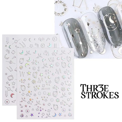GV410 THR3E STROKES 12 Sheets Aurora Nail Art Stickers Decals Self-Adhesive Pegatinas Uñas Glitter Holographic Star Heart Nail Supplies Nail Art Design Decoration Accessories (D22)