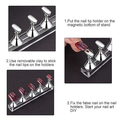 GV411 THR3E STROKES 2 Sets Acrylic Nail Display Stand - Tip Practice Stand With Magnetic Holder for DIY Nail Art and Manicure Tools (mix color)(ACRYLIC NAIL STAND 2PCS)
