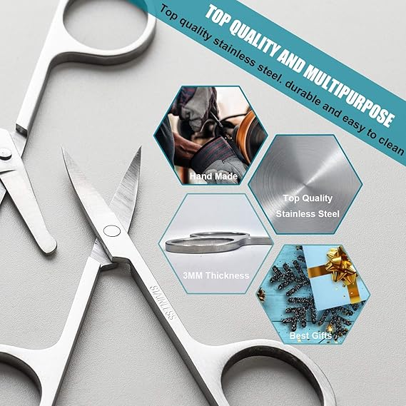 GV412 THR3E STROKES Stainless Steel Nose Hair Trimmer, Curved Eyebrows Scissors and Rounded Nose Hair Scissors for Men Mustache Beard Trimming Sharp Professional (Silver)