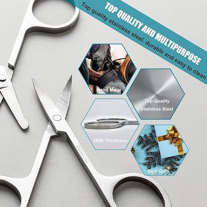 GV412 THR3E STROKES Stainless Steel Nose Hair Trimmer, Curved Eyebrows Scissors and Rounded Nose Hair Scissors for Men Mustache Beard Trimming Sharp Professional (Silver)