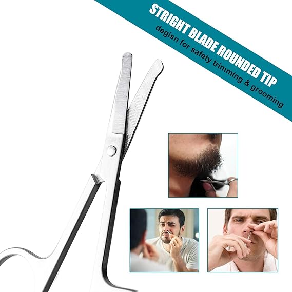 GV412 THR3E STROKES Stainless Steel Nose Hair Trimmer, Curved Eyebrows Scissors and Rounded Nose Hair Scissors for Men Mustache Beard Trimming Sharp Professional (Silver)