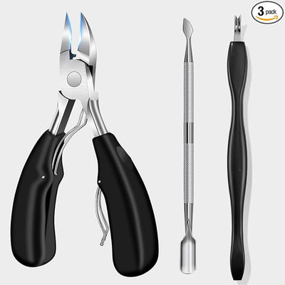 GV413 THR3E STROKES 3 Pcs Toe Nail CUTTER Set with Cuticle Pusher and Cuticle Trimmer Men Women Nail Cutter Personal Care Nail Black Grooming Kit Toenail Clippers and Fingernail Clippers for Men Parent Cuticle Cutter Nail Scissors Manicure BLACK