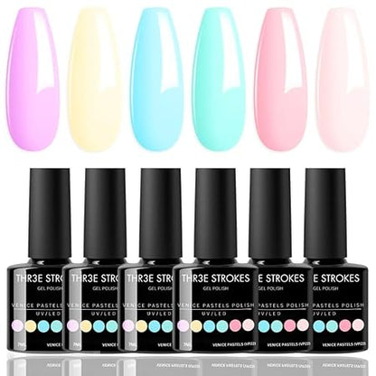 GV418 THR3E STROKES Gel Nail Polish Set- 6 Colors Nude Gel Polish All Seasons Skin Tones Pink Neutral Brown Gel Polish Kit (Uv/Led Lamp Required) Shades Need At Least 3 Layers, Shine Finish, 7.5 Milliliters (VENICE PASTELS (VP22), 7.5ML)