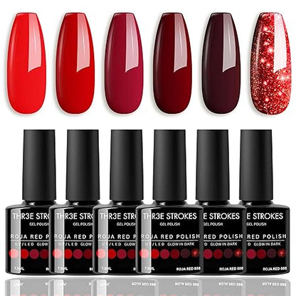 GV423 THR3E STROKES Gel Nail Polish Set- 6 Colors Nude Gel Polish All Seasons Skin Tones Pink Neutral Brown Gel Polish Kit (Uv/Led Lamp Required) Shades Need At Least 3 Layers, Shine Finish, 7.5 Milliliters (ROJA RED 888, 7.5ML)