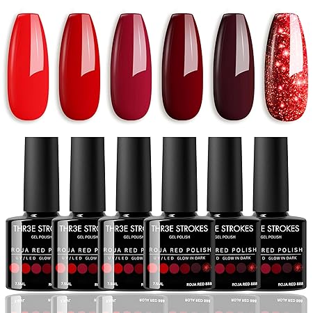 GV423 THR3E STROKES Gel Nail Polish Set- 6 Colors Nude Gel Polish All Seasons Skin Tones Pink Neutral Brown Gel Polish Kit (Uv/Led Lamp Required) Shades Need At Least 3 Layers, Shine Finish, 7.5 Milliliters (ROJA RED 888, 7.5ML)