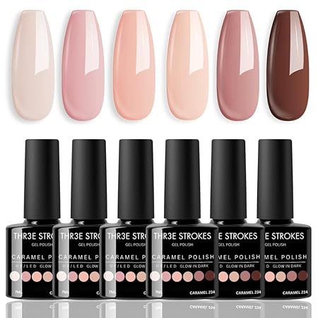GV424 THR3E STROKES Gel Nail Polish Set- 6 Colors Nude Gel Polish All Seasons Skin Tones Pink Neutral Brown Gel Polish Kit (Uv/Led Lamp Required) Shades Need At Least 3 Layers, Shine Finish, 7.5 Milliliters (CARAMEL 234, 7.5ml)