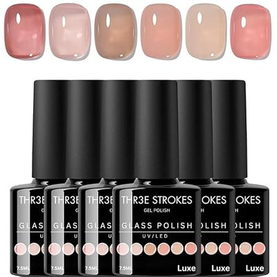 GV426 THR3E STROKES Gel Nail Polish Set- 6 Colors Nude Gel Polish All Seasons Skin Tones Pink Neutral Brown Gel Polish Kit (Uv/Led Lamp Required) Shades Need At Least 3 Layers, Shine Finish, 7.5 Milliliters (LUXE, 7.5ML)