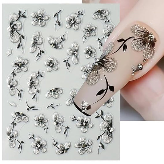 GV431 THR3E STROKES TS Flower Nail Art Stickers Decals 5D Embossed Floral Leaf Petal Design Summer Nails Adhesive Sliders Flower Stickers for Women Nail Art (D12)