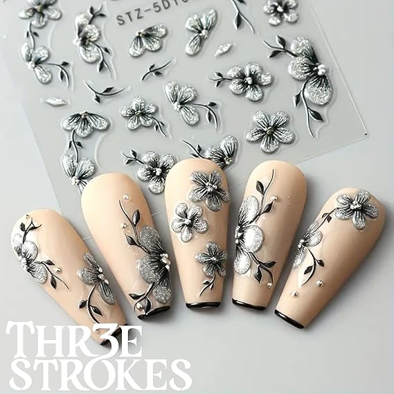 GV431 THR3E STROKES TS Flower Nail Art Stickers Decals 5D Embossed Floral Leaf Petal Design Summer Nails Adhesive Sliders Flower Stickers for Women Nail Art (D12)