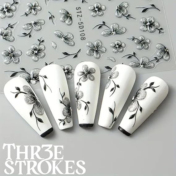 GV431 THR3E STROKES TS Flower Nail Art Stickers Decals 5D Embossed Floral Leaf Petal Design Summer Nails Adhesive Sliders Flower Stickers for Women Nail Art (D12)