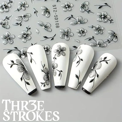 GV431 THR3E STROKES TS Flower Nail Art Stickers Decals 5D Embossed Floral Leaf Petal Design Summer Nails Adhesive Sliders Flower Stickers for Women Nail Art (D12)