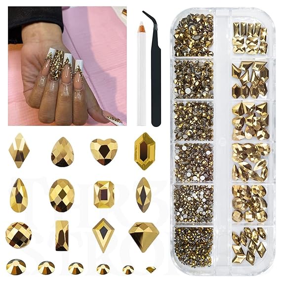 GV432 THR3E STROKES 1300Pcs Mine Gold Nail Rhinestones 60 Multi Shapes Flatback metallic golden Rhinestones Gems +1240 Round Beads K9 Glass Nail Stones Diamonds Nail Art Supplies for Nails Faces Eyes Makeup Crafts (D5)