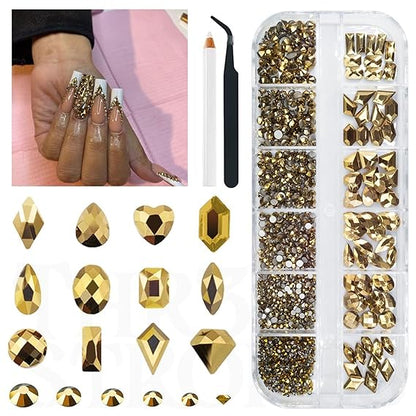 GV432 THR3E STROKES 1300Pcs Mine Gold Nail Rhinestones 60 Multi Shapes Flatback metallic golden Rhinestones Gems +1240 Round Beads K9 Glass Nail Stones Diamonds Nail Art Supplies for Nails Faces Eyes Makeup Crafts (D5)
