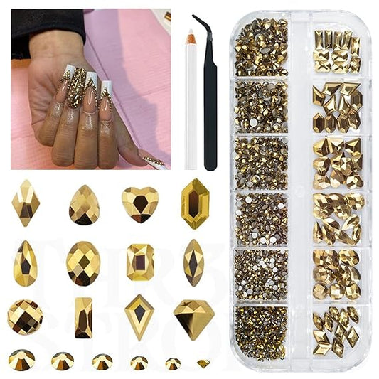 GV432 THR3E STROKES 1300Pcs Mine Gold Nail Rhinestones 60 Multi Shapes Flatback metallic golden Rhinestones Gems +1240 Round Beads K9 Glass Nail Stones Diamonds Nail Art Supplies for Nails Faces Eyes Makeup Crafts (D5)