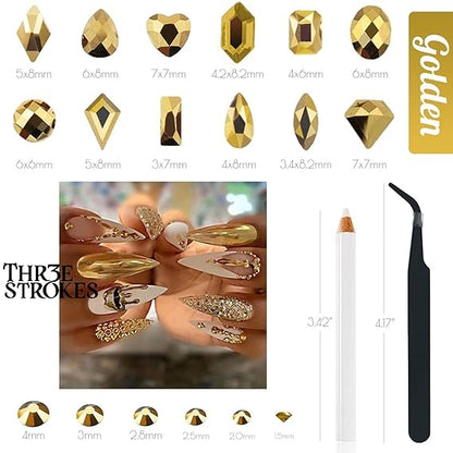GV432 THR3E STROKES 1300Pcs Mine Gold Nail Rhinestones 60 Multi Shapes Flatback metallic golden Rhinestones Gems +1240 Round Beads K9 Glass Nail Stones Diamonds Nail Art Supplies for Nails Faces Eyes Makeup Crafts (D5)