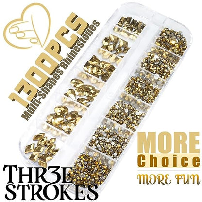 GV432 THR3E STROKES 1300Pcs Mine Gold Nail Rhinestones 60 Multi Shapes Flatback metallic golden Rhinestones Gems +1240 Round Beads K9 Glass Nail Stones Diamonds Nail Art Supplies for Nails Faces Eyes Makeup Crafts (D5)