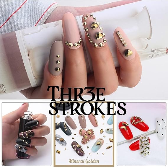 GV432 THR3E STROKES 1300Pcs Mine Gold Nail Rhinestones 60 Multi Shapes Flatback metallic golden Rhinestones Gems +1240 Round Beads K9 Glass Nail Stones Diamonds Nail Art Supplies for Nails Faces Eyes Makeup Crafts (D5)