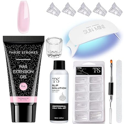 GV435 THR3E STROKES TOXIC FREE POLYGEL NAIL KIT I NAIL ART KIT I POLYGEL NAIL EXTENTION KIT for Builder Gel UV Nail Art Kit Nail Extension Set (PEARL KIT) (12 IN THE SET) (PINK)