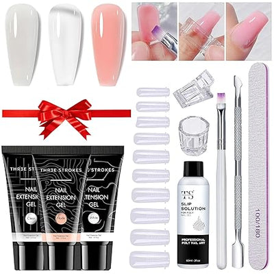 GV436 THR3E STROKES Poly Nail Gel Extension Kit - Builder Gel UV Nail Art Kit - Clear, Pink, White - Set of 10