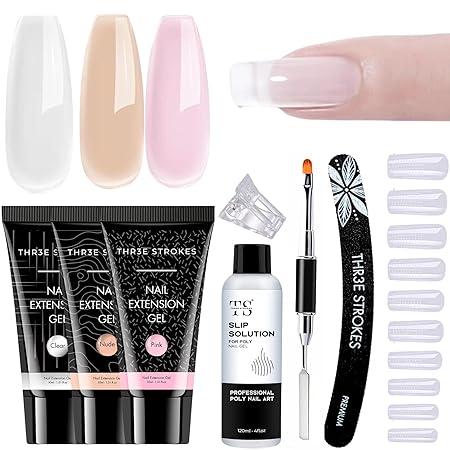 GV437 THR3E STROKES Poly Extension Gel Nail Kit, Clear Nude Pink Builder Nail Gel Kit With Slip Solution Dual Nail forms, Nail Clips for Poly Gel, Nail Starter Kit, Home Manicure Set (EMERALD KIT)