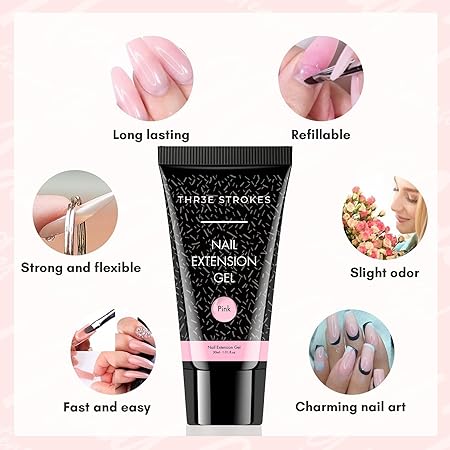 GV437 THR3E STROKES Poly Extension Gel Nail Kit, Clear Nude Pink Builder Nail Gel Kit With Slip Solution Dual Nail forms, Nail Clips for Poly Gel, Nail Starter Kit, Home Manicure Set (EMERALD KIT)