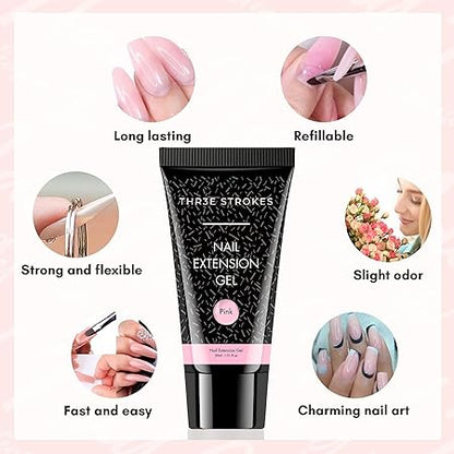 GV437 THR3E STROKES Poly Extension Gel Nail Kit, Clear Nude Pink Builder Nail Gel Kit With Slip Solution Dual Nail forms, Nail Clips for Poly Gel, Nail Starter Kit, Home Manicure Set (EMERALD KIT)
