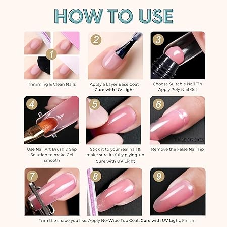 GV437 THR3E STROKES Poly Extension Gel Nail Kit, Clear Nude Pink Builder Nail Gel Kit With Slip Solution Dual Nail forms, Nail Clips for Poly Gel, Nail Starter Kit, Home Manicure Set (EMERALD KIT)