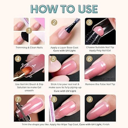GV437 THR3E STROKES Poly Extension Gel Nail Kit, Clear Nude Pink Builder Nail Gel Kit With Slip Solution Dual Nail forms, Nail Clips for Poly Gel, Nail Starter Kit, Home Manicure Set (EMERALD KIT)