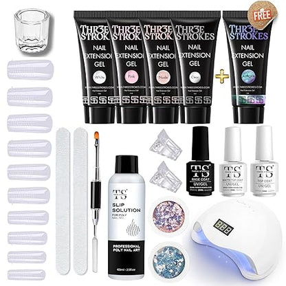 GV439 THR3E STROKES Professional Poly Gel Nail Kit with U V Light Starter Kit, 6 Pcs Builder Gel Nail Extension Kit for Beginners with Everything Nail Art DIY (SAPPHIRE KIT)