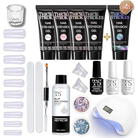 GV439 THR3E STROKES Professional Poly Gel Nail Kit with U V Light Starter Kit, 6 Pcs Builder Gel Nail Extension Kit for Beginners with Everything Nail Art DIY (SAPPHIRE KIT)