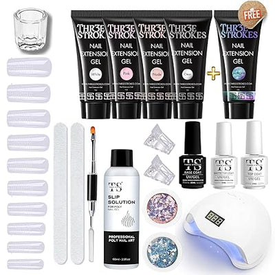 GV439 THR3E STROKES Professional Poly Gel Nail Kit with U V Light Starter Kit, 6 Pcs Builder Gel Nail Extension Kit for Beginners with Everything Nail Art DIY (SAPPHIRE KIT)