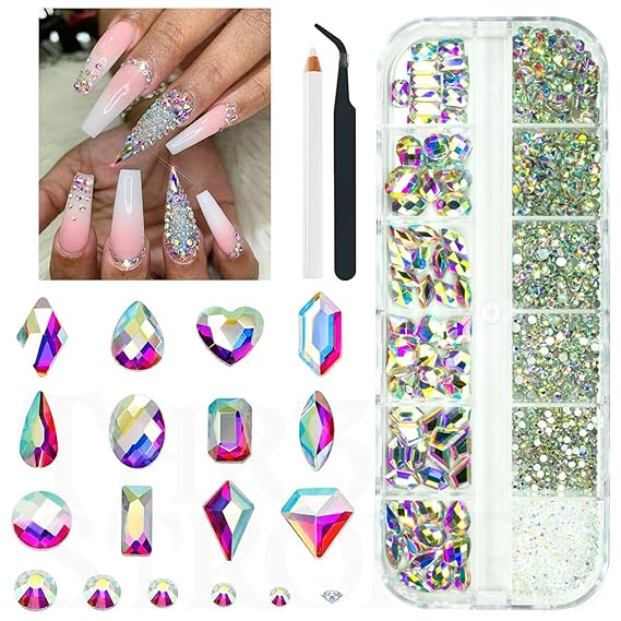 GV440 THR3E STROKES 2052Pcs Crystal AB Nail Rhinestones and Charms - 72 Multi Shapes, Flatback Rhinestones, Big Nails Art Gems & 1980 Round Beads K9 Glass Stones - Eyes & Makeup (D4)