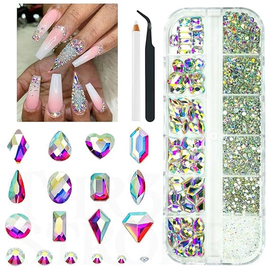 GV440 THR3E STROKES 2052Pcs Crystal AB Nail Rhinestones and Charms - 72 Multi Shapes, Flatback Rhinestones, Big Nails Art Gems & 1980 Round Beads K9 Glass Stones - Eyes & Makeup (D4)