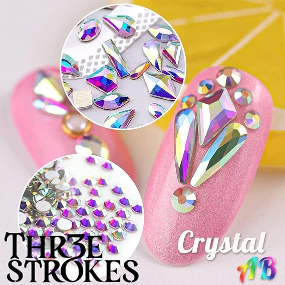 GV440 THR3E STROKES 2052Pcs Crystal AB Nail Rhinestones and Charms - 72 Multi Shapes, Flatback Rhinestones, Big Nails Art Gems & 1980 Round Beads K9 Glass Stones - Eyes & Makeup (D4)