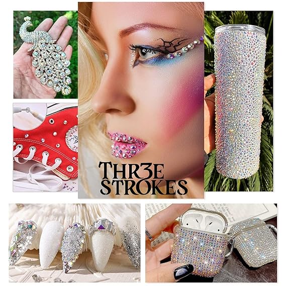 GV440 THR3E STROKES 2052Pcs Crystal AB Nail Rhinestones and Charms - 72 Multi Shapes, Flatback Rhinestones, Big Nails Art Gems & 1980 Round Beads K9 Glass Stones - Eyes & Makeup (D4)
