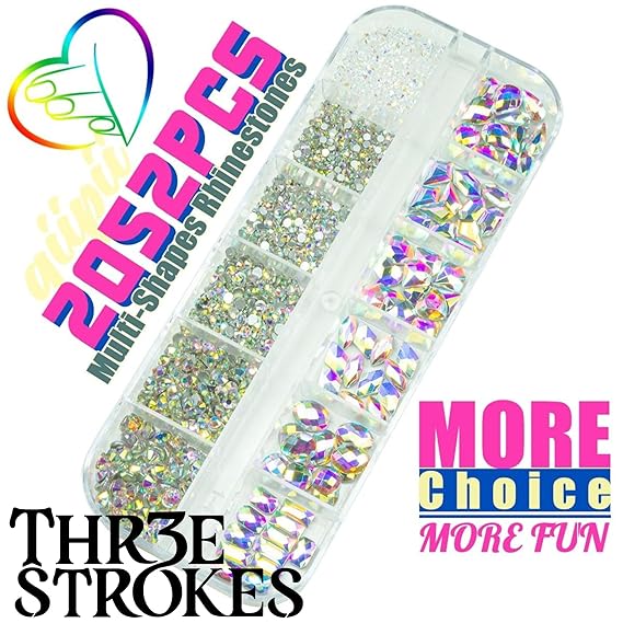 GV440 THR3E STROKES 2052Pcs Crystal AB Nail Rhinestones and Charms - 72 Multi Shapes, Flatback Rhinestones, Big Nails Art Gems & 1980 Round Beads K9 Glass Stones - Eyes & Makeup (D4)