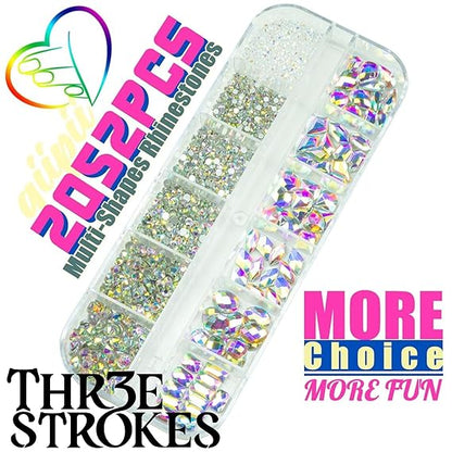 GV440 THR3E STROKES 2052Pcs Crystal AB Nail Rhinestones and Charms - 72 Multi Shapes, Flatback Rhinestones, Big Nails Art Gems & 1980 Round Beads K9 Glass Stones - Eyes & Makeup (D4)