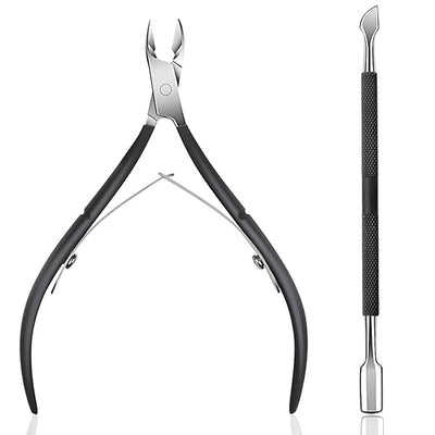GV453 THR3E STROKES Cuticle Trimmer with Cuticle Pusher Cuticle Nipper Professional Grade Stainless Steel Cuticle Remover Cutter Clipper Durable Pedicure Manicure Tools (Black)