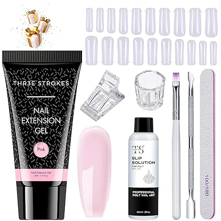 GV458 THR3E STROKES Poly Nail Gel Extension Kit for Builder Gel UV Nail Art Kit, Nail Extension Set (8 Items in the set) (3 PINK)